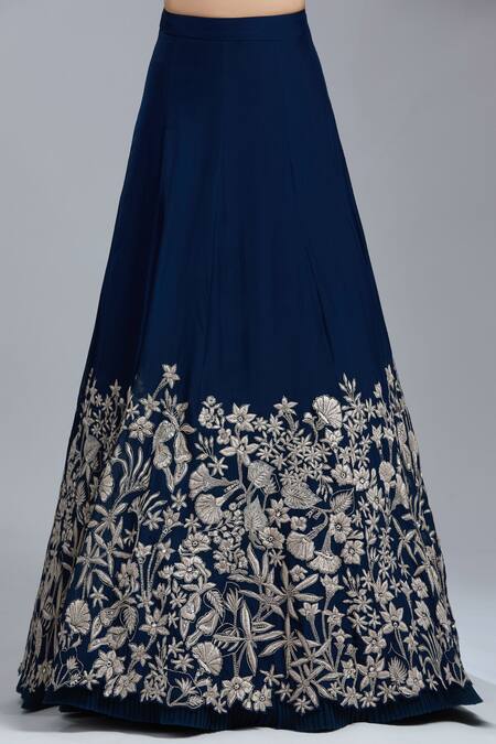 Mishru_Blue Embroidery, Sequins Square Neck Floral Lehenga Set _Online_at_Aza_Fashions