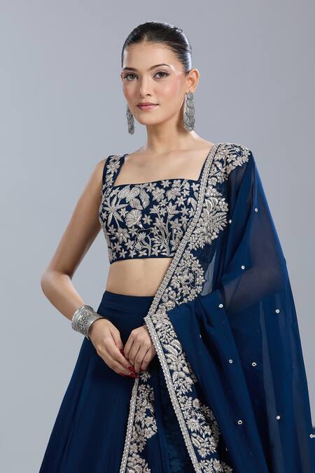 Buy_Mishru_Blue Embroidery, Sequins Square Neck Floral Lehenga Set _Online_at_Aza_Fashions
