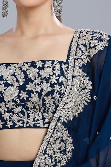 Shop_Mishru_Blue Embroidery, Sequins Square Neck Floral Lehenga Set _Online_at_Aza_Fashions