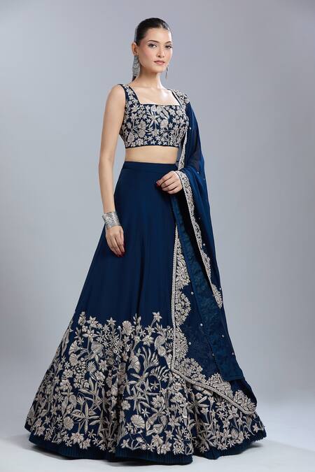 Mishru_Blue Embroidery, Sequins Square Neck Floral Lehenga Set _at_Aza_Fashions