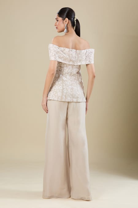Mishru Champagne Embroidered Top & Flared Pant Set 