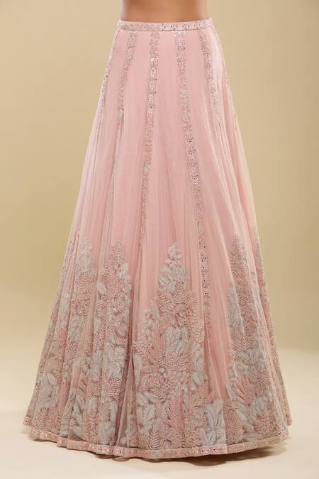 Buy_Mishru_Pink Embroidery Leaf Neck Lehenga Set _Online_at_Aza_Fashions