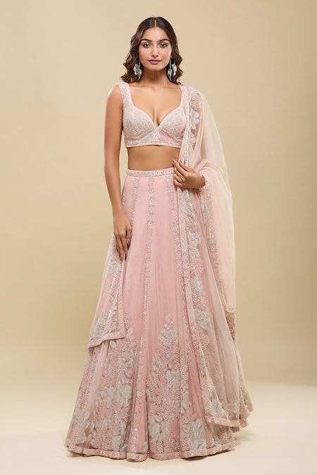 Shop_Mishru_Pink Embroidery Leaf Neck Lehenga Set _Online_at_Aza_Fashions