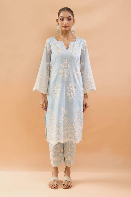 Shop_Neha Mehta Couture_Blue Silk, Organza Embroidery Split V-neck Kurta Pant Set _Online_at_Aza_Fashions