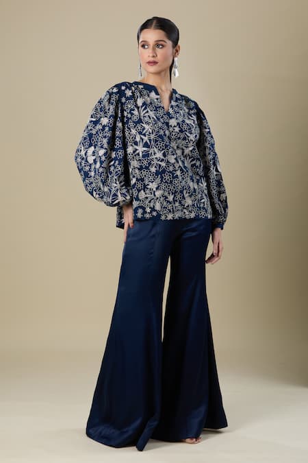 Mishru Navy Blue Embroidered Top & Bell Bottom Pant 