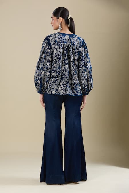 Mishru Navy Blue Embroidered Top & Bell Bottom Pant 
