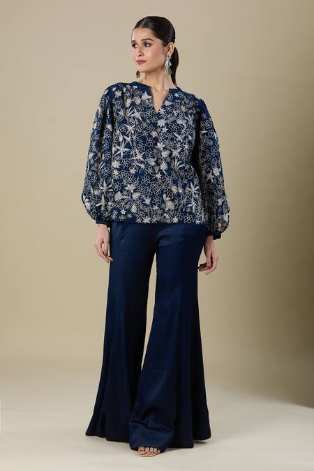 Buy_Mishru_Blue Embroidery V-neck Navy Top And Bell Bottom Pant _Online_at_Aza_Fashions
