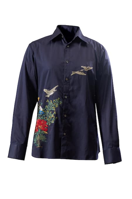 Shop_Rohit Bal_Blue Poplin Embroidery Botanical Shirt _Online_at_Aza_Fashions