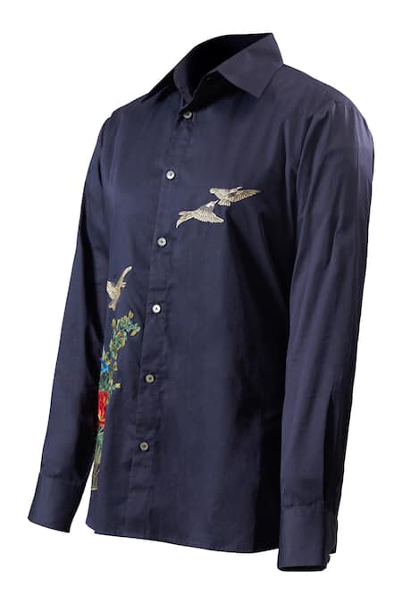 Rohit Bal_Blue Poplin Embroidery Botanical Shirt _at_Aza_Fashions