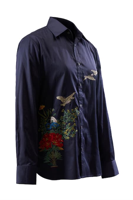 Buy_Rohit Bal_Blue Poplin Embroidery Botanical Shirt 