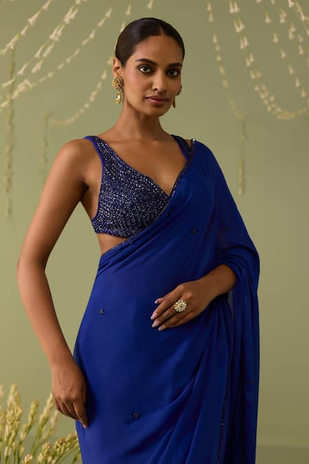 Meesa_Blue Chinon, Chiffon, Crepe Beads Round Embroidered Pre-draped Saree With Blouse _Online_at_Aza_Fashions