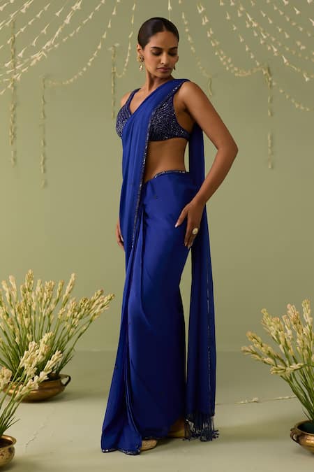 Shop_Meesa_Blue Chinon, Chiffon, Crepe Beads Round Embroidered Pre-draped Saree With Blouse _Online_at_Aza_Fashions