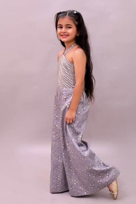 Lil Drama_Gray Cotton Satin Foil Printing, Gota Patti Mehfil Embroidered Jumpsuit _Online_at_Aza_Fashions