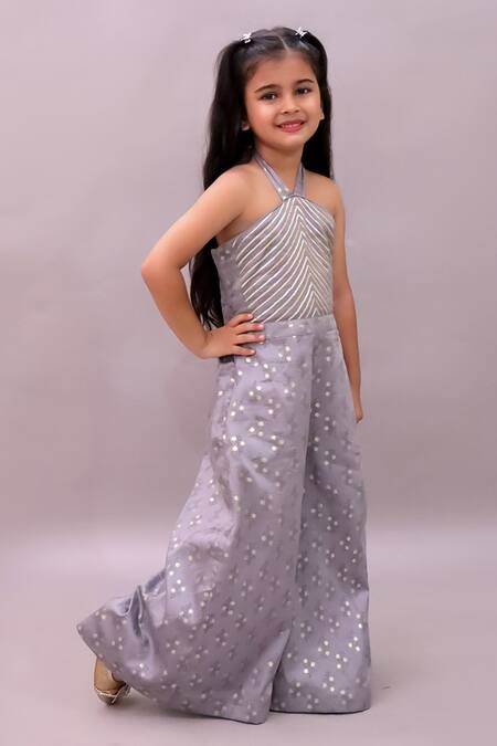 Buy_Lil Drama_Gray Cotton Satin Foil Printing, Gota Patti Mehfil Embroidered Jumpsuit _Online_at_Aza_Fashions