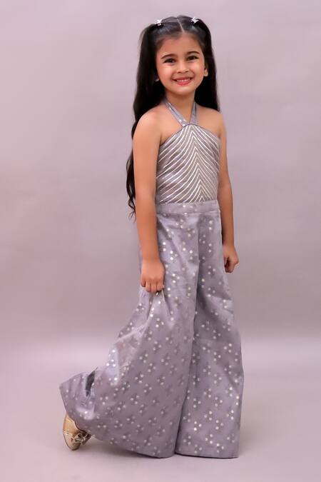 Shop_Lil Drama_Gray Cotton Satin Foil Printing, Gota Patti Mehfil Embroidered Jumpsuit _Online_at_Aza_Fashions