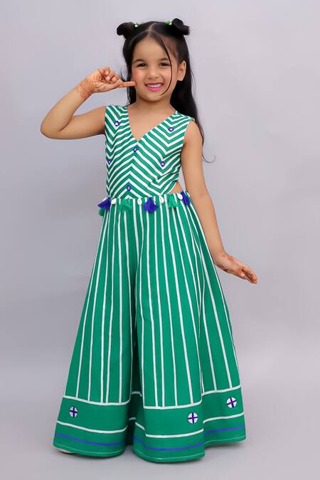 Lil Drama_Green Cotton Mirrors, Tassels Shor Gul Printed Jumpsuit _Online_at_Aza_Fashions