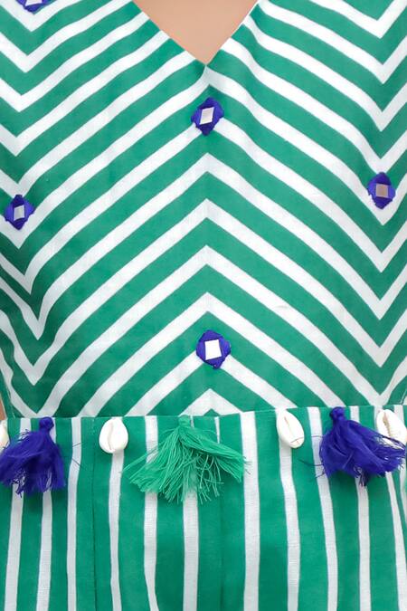 Lil Drama_Green Cotton Mirrors, Tassels Shor Gul Printed Jumpsuit _at_Aza_Fashions