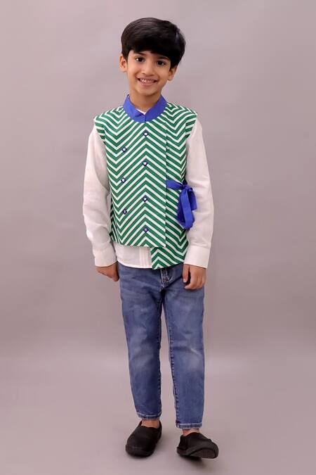Buy Lil Drama Green Cotton Mirrors Shor Gul Chevron Print Bundi Online at Aza Fashions Buy_Lil Drama_Green Cotton Mirrors Shor Gul Chevron Print Bundi _Online_at_Aza_Fashions