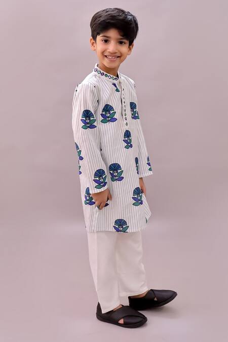 Lil Drama_White Cotton Mirrors, Beads Shor Gul Flower Print Kurta _Online_at_Aza_Fashions