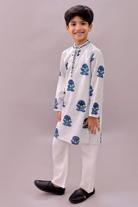 Buy_Lil Drama_White Cotton Mirrors, Beads Shor Gul Flower Print Kurta _Online_at_Aza_Fashions