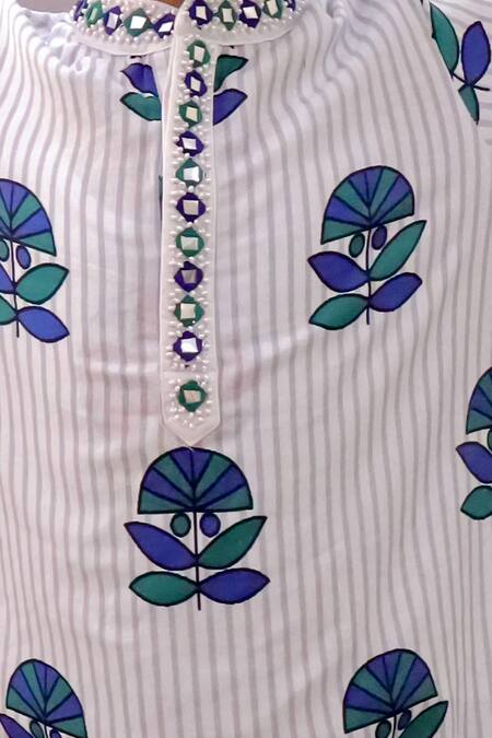 Lil Drama_White Cotton Mirrors, Beads Shor Gul Flower Print Kurta _at_Aza_Fashions