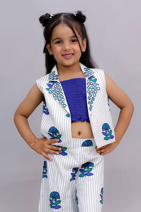 Buy_Lil Drama_White Cotton Beads Shor Gul Printed Jacket Pant Set _Online_at_Aza_Fashions