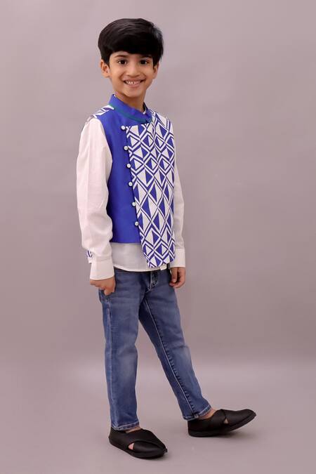 Lil Drama_Blue Cotton Shor Gul Printed Nehru Jacket _Online_at_Aza_Fashions