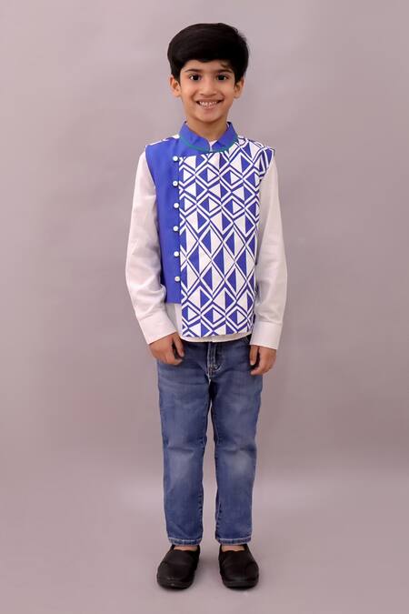 Buy_Lil Drama_Blue Cotton Shor Gul Printed Nehru Jacket _Online_at_Aza_Fashions
