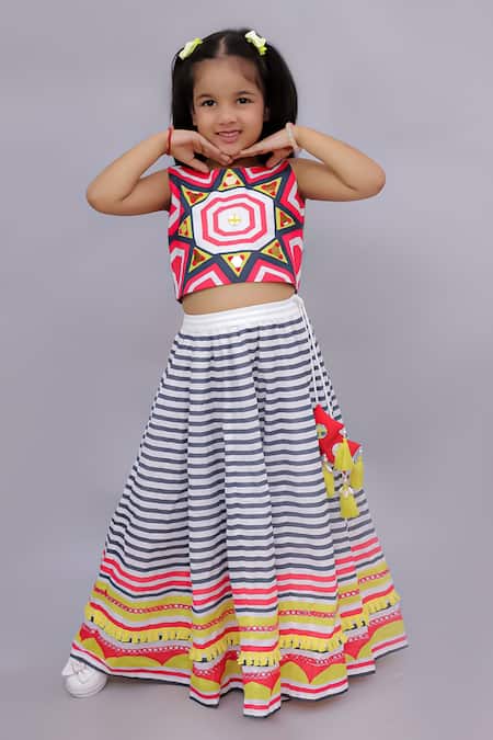 Buy_Lil Drama_Multi Color Cotton Mirrors, Tassels, Lace Shor Gul Printed Lehenga With Blouse 