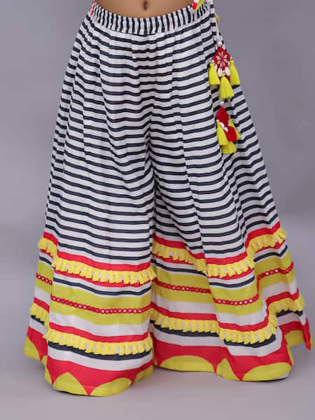 Lil Drama_Multi Color Cotton Mirrors, Lace, Tassels, Shor Gul Printed Lehenga With Blouse _at_Aza_Fashions