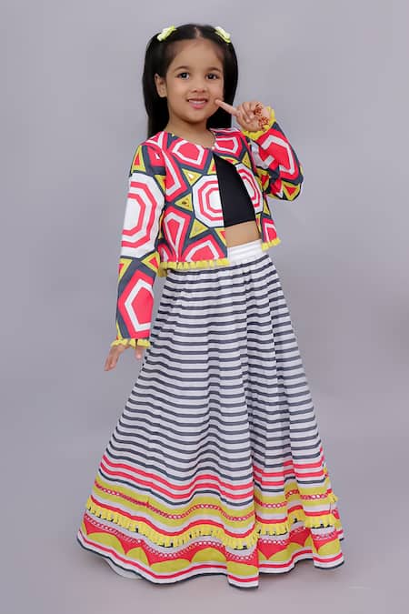 Shop_Lil Drama_Multi Color Cotton Mirrors, Tassels Shor Gul Printed Jacket Lehenga Set _Online_at_Aza_Fashions