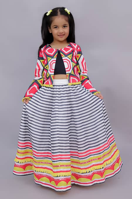 Lil Drama_Multi Color Cotton Mirrors, Tassels Shor Gul Printed Jacket Lehenga Set _at_Aza_Fashions