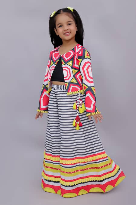 Lil Drama_Multi Color Cotton Mirrors, Tassels, Fringe Shor Gul Printed Jacket Pant Set _Online_at_Aza_Fashions