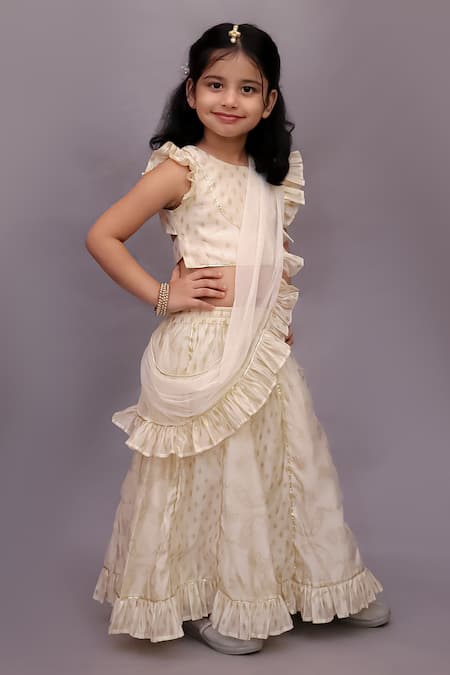 Lil Drama Off White Chanderi Foil Printing, Ruffles, Piping Mishti Lehenga Set at Aza Fashions Lil Drama_Off White Chanderi Foil Printing, Ruffles, Piping Mishti Lehenga Set _at_Aza_Fashions