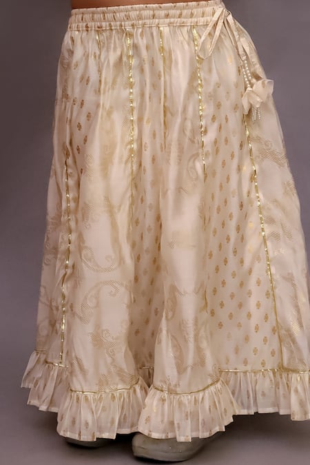 Buy Lil Drama Off White Chanderi Foil Printing, Ruffles, Piping Mishti Lehenga Set Buy_Lil Drama_Off White Chanderi Foil Printing, Ruffles, Piping Mishti Lehenga Set