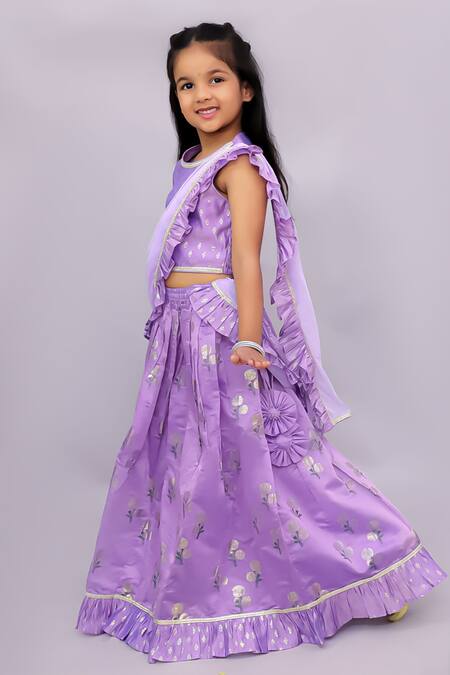 Lil Drama_Purple Chanderi Foil Printing, Zari Mishti Printed Lehenga Set _at_Aza_Fashions