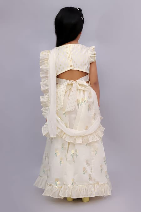 Shop Lil Drama Off White Chanderi Foil Printing, Ruffles Mishti Printed Lehenga Set at Aza Fashions Shop_Lil Drama_Off White Chanderi Foil Printing, Ruffles Mishti Printed Lehenga Set _at_Aza_Fashions