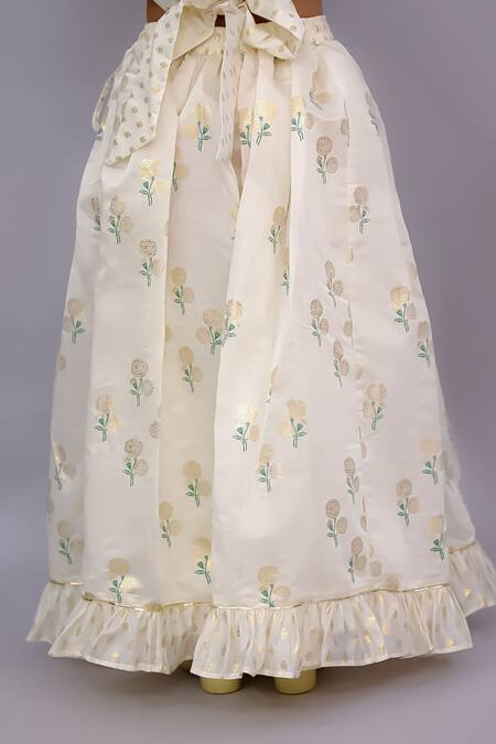 Shop Lil Drama Off White Chanderi Foil Printing, Ruffles Mishti Printed Lehenga Set Online at Aza Fashions Shop_Lil Drama_Off White Chanderi Foil Printing, Ruffles Mishti Printed Lehenga Set _Online_at_Aza_Fashions