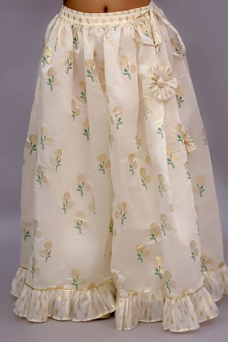 Lil Drama Off White Chanderi Foil Printing, Ruffles Mishti Printed Lehenga Set at Aza Fashions Lil Drama_Off White Chanderi Foil Printing, Ruffles Mishti Printed Lehenga Set _at_Aza_Fashions