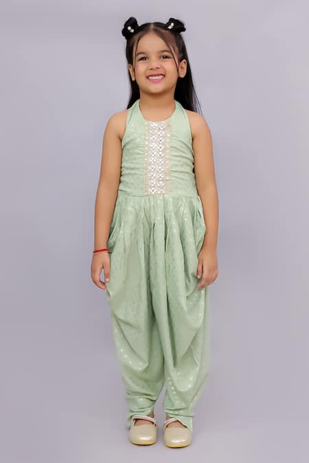 Lil Drama_Green Rayon Mirrors, Lace Fusion Fair Foil Print Dhoti Jumpsuit _Online_at_Aza_Fashions