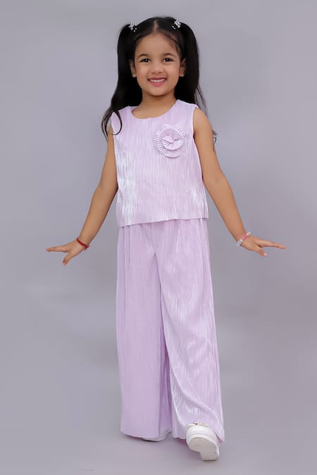 Lil Drama Pink Polyester Fabric Flowers Glam Up 3d Floral Top And Pant Set 