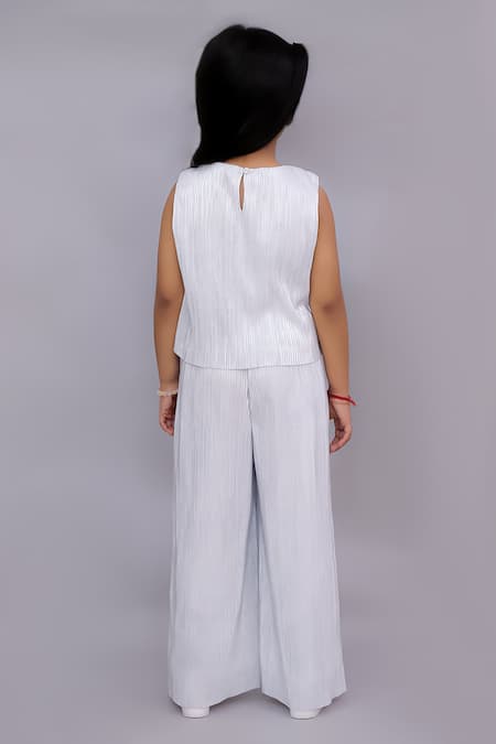 Shop Lil Drama White Polyester Fabric Flowers Glam Up 3d Floral Top And Pant Set at Aza Fashions Shop_Lil Drama_White Polyester Fabric Flowers Glam Up 3d Floral Top And Pant Set _at_Aza_Fashions