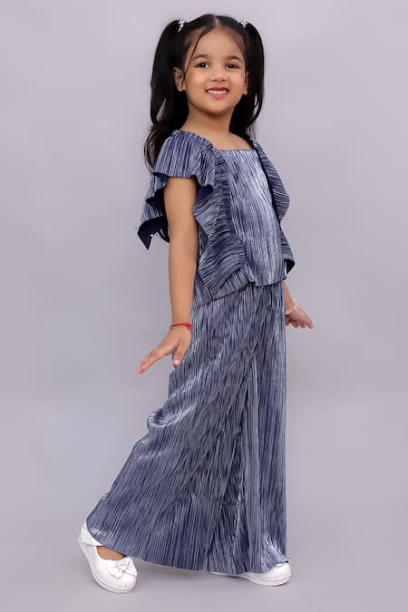 Lil Drama_Blue Polyester Glam Up Pleated Top And Pant Set _Online_at_Aza_Fashions