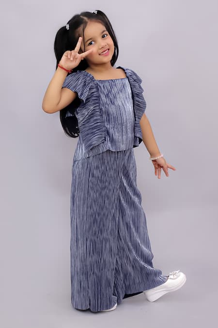 Buy_Lil Drama_Blue Polyester Glam Up Pleated Top And Pant Set _Online_at_Aza_Fashions