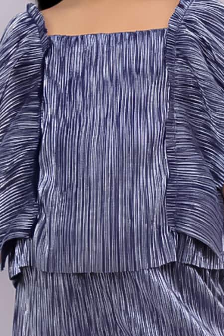 Lil Drama_Blue Polyester Glam Up Pleated Top And Pant Set _at_Aza_Fashions