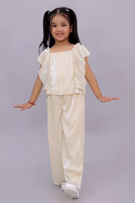 Lil Drama Beige Polyester Glam Up Pleated Top And Pant Set 