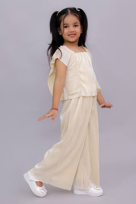Buy Lil Drama Beige Polyester Glam Up Pleated Top And Pant Set Online at Aza Fashions Buy_Lil Drama_Beige Polyester Glam Up Pleated Top And Pant Set _Online_at_Aza_Fashions