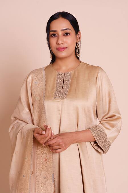 Brij_Beige Linen, Satin, Silk, Chanderi Embroidery, Zari, Kanika Kurta Set _Online_at_Aza_Fashions