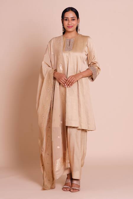 Buy_Brij_Beige Linen, Satin, Silk, Chanderi Embroidery, Zari, Kanika Kurta Set _Online_at_Aza_Fashions