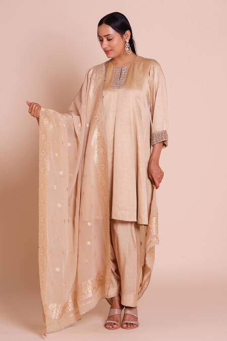 Shop_Brij_Beige Linen, Satin, Silk, Chanderi Embroidery, Zari, Kanika Kurta Set _Online_at_Aza_Fashions